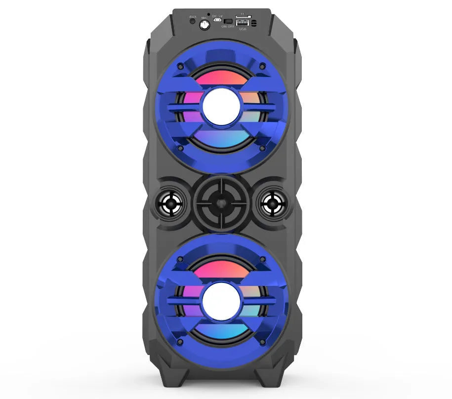 Portable Bluetooth speaker with colourful LED lights in blue, red, or silver grey with push-pull rod design