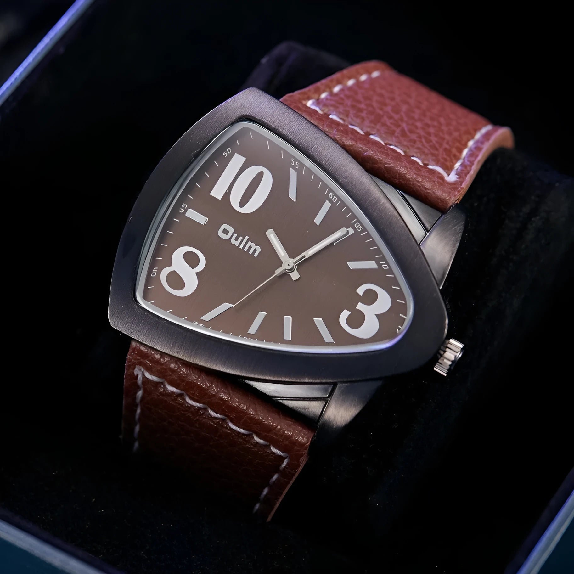 Men's casual triangle belt quartz watch in brown, black, and blue colour options showing 9mm thickness