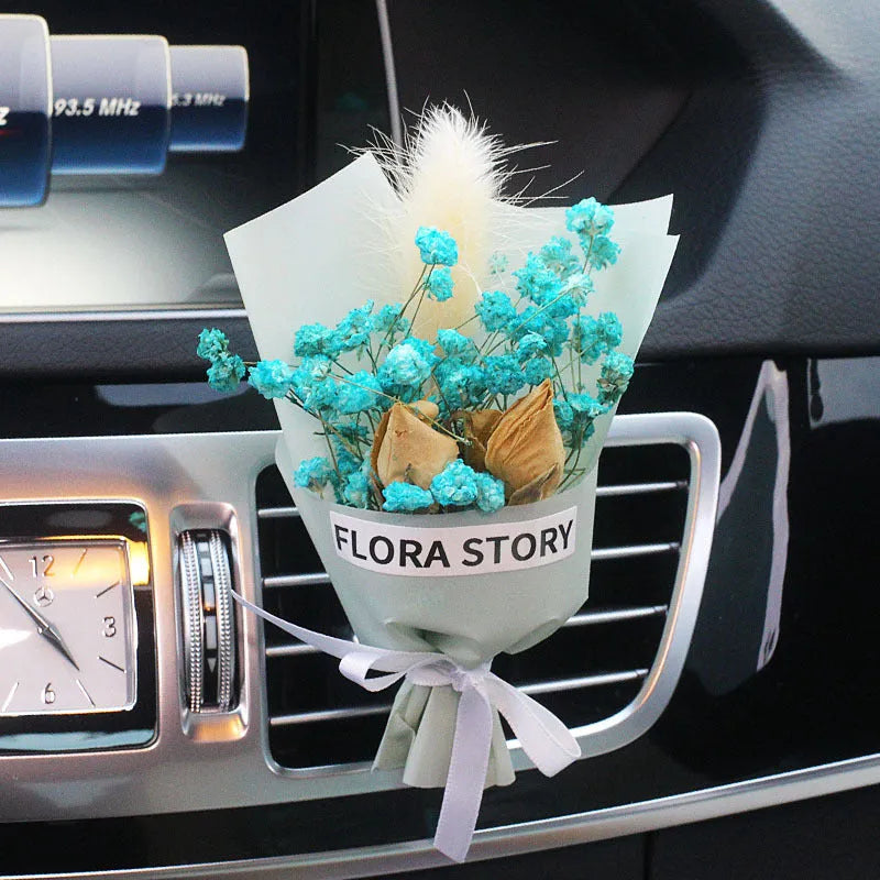 Dried flower bouquet and fragrance slices for car air outlet mounting