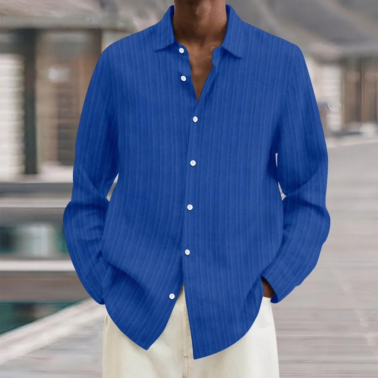 Men's striped British style cardigan shirt with long sleeves in polyester blend fabric