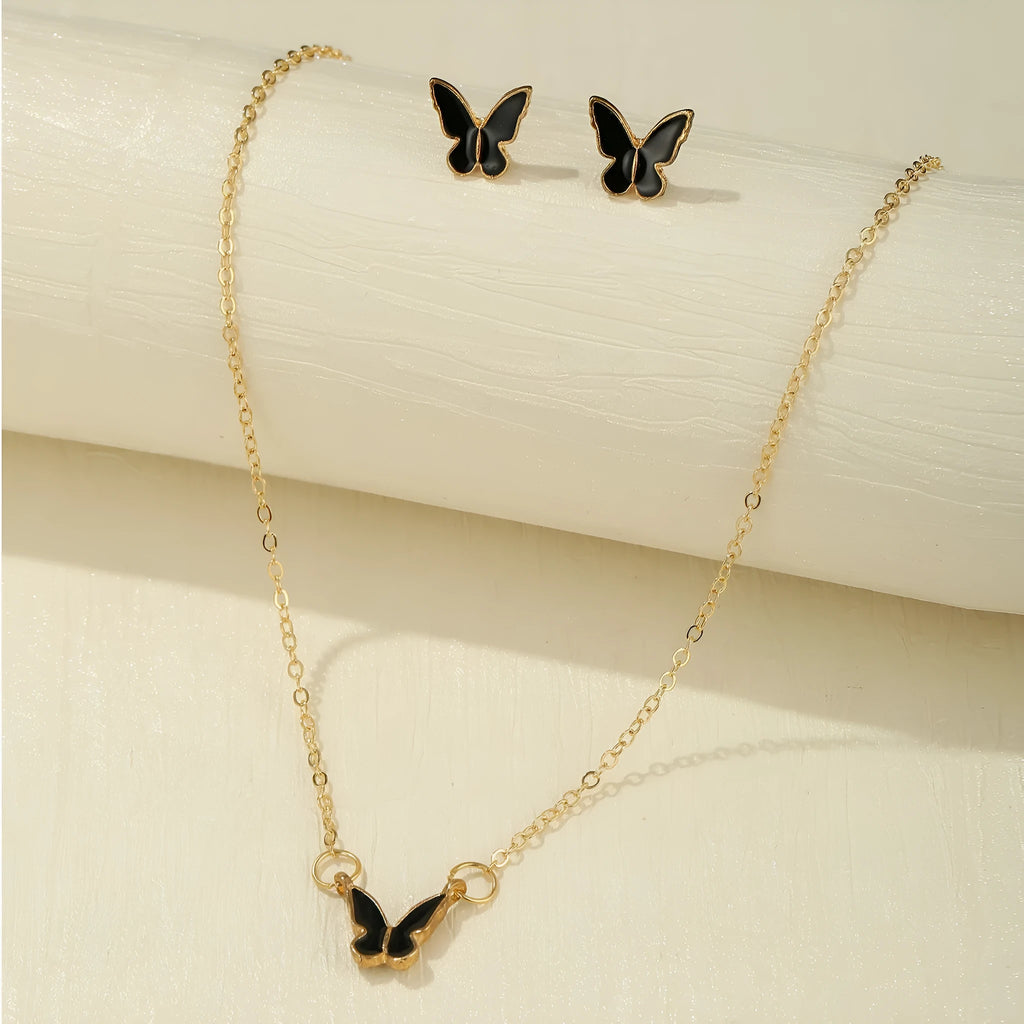 Butterfly jewelry set with alloy pendant and electroplated finish in a geometric retro simplicity design