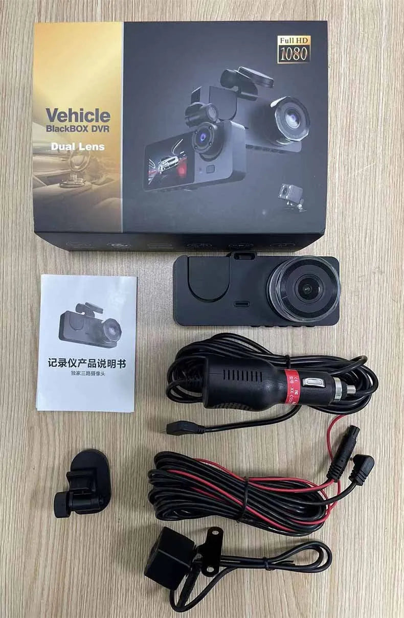 Black touch-screen car dashcam for 1080P front and rear recording with 170 degree wide angle lens
