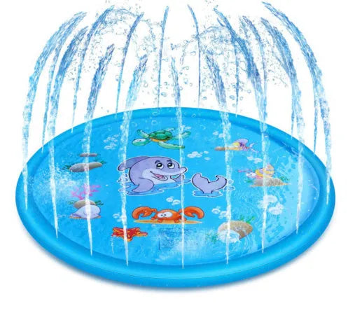 Blue PVC children's water spray play mat with marine animal designs measuring 100x170cm