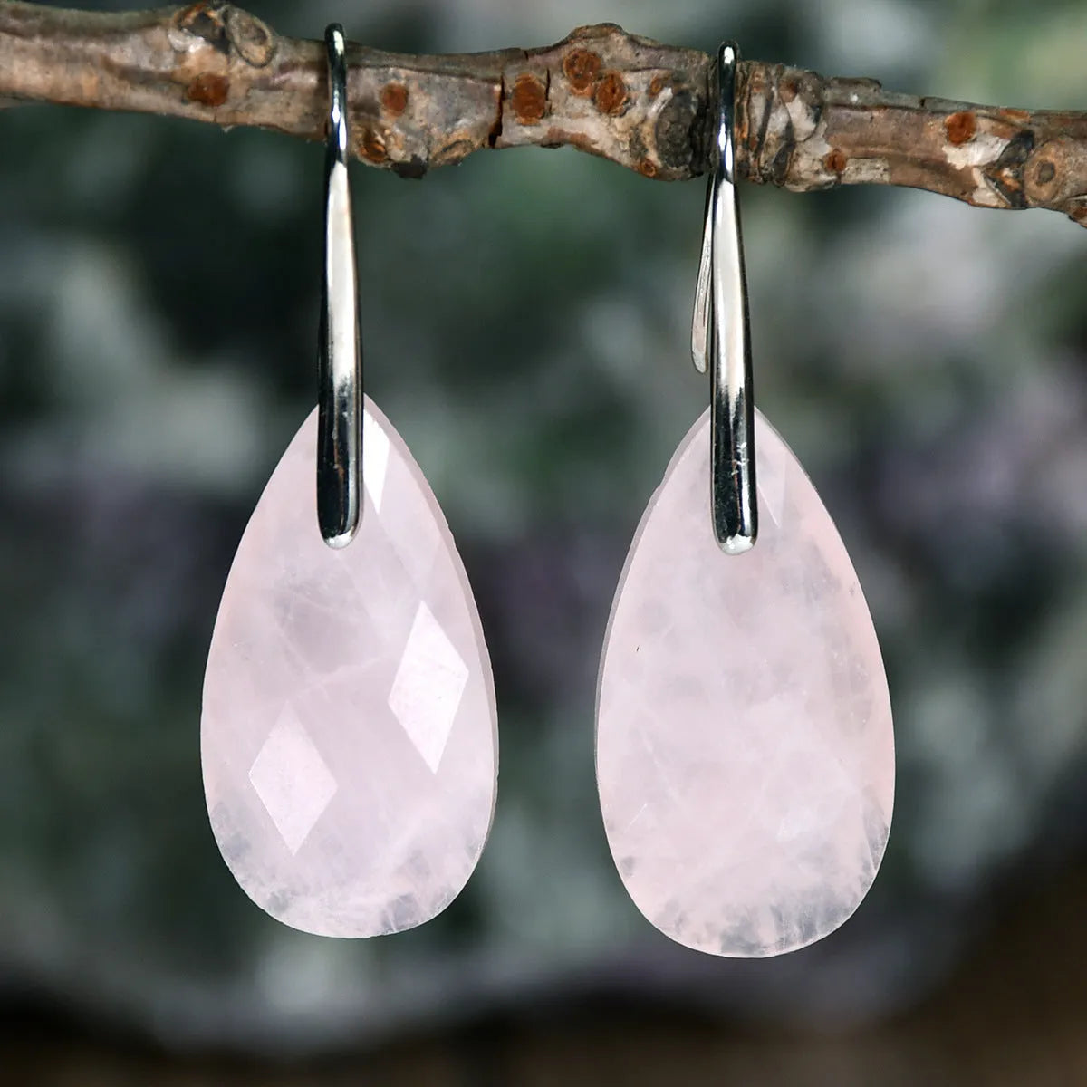 Drop shape earrings for women, pink crystal and green Dongling copper, electroplated finish, Amazonite and pink crystal colour options