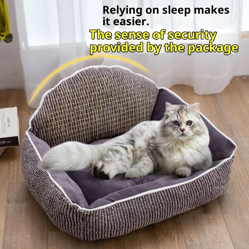 Short plush pet sofa in large 60x50cm size with striped backrest for cats