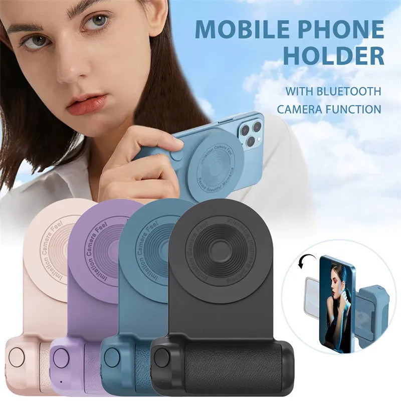 Black magnetic camera grip phone holder with rotatable bracket on wooden table