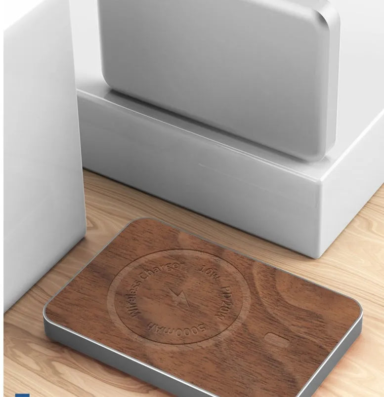 Khaki coloured alloy wireless charging power bank showing compact size and USB port