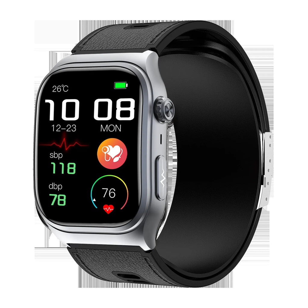 S15 Smart Watch with AMOLED display showing blood pressure and uric acid monitoring on a wrist with black leather strap