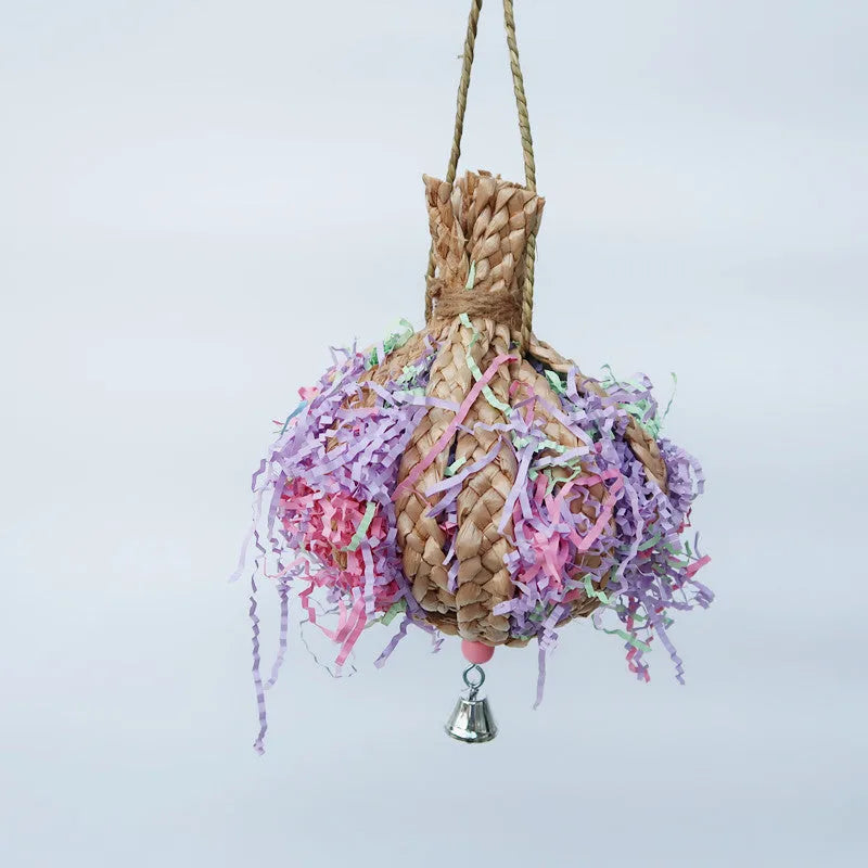Parrot straw rope toy made from straw paper, approximately 15cm diameter and 23cm long
