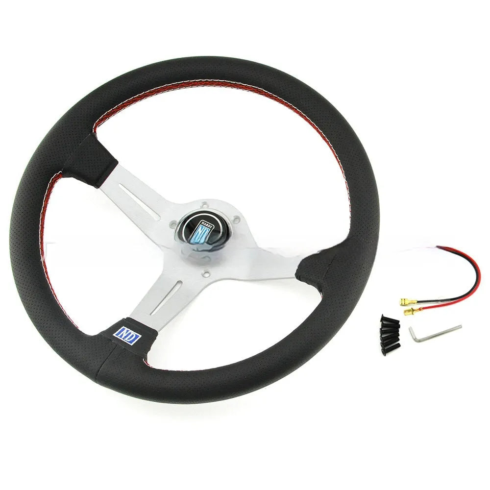 Leather 14-inch middle concave car steering wheel with hand stitching, showing black skeleton option