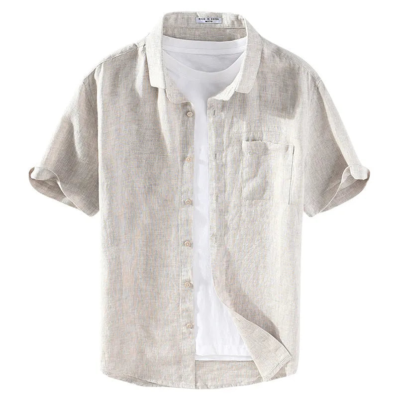 Men's light grey linen short sleeve shirt with a square collar, laid flat.