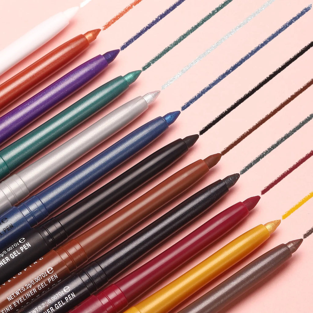 Set of 12 colourful gel glitter eyeliner pencils with various finishes including matte and glitter effects