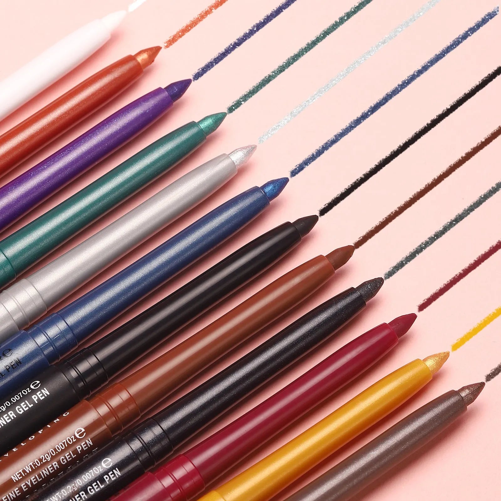 Set of 12 colourful gel glitter eyeliner pencils with various finishes including matte and glitter effects