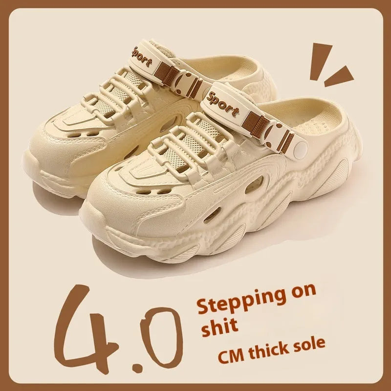 Men's khaki outdoor summer slippers showing hollow out breathable design with EVA sole