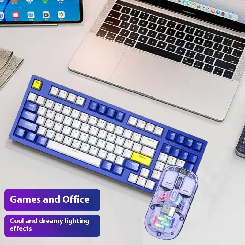 Custom mechanical keyboard and wireless mouse in selected colour option with backlight illumination.
