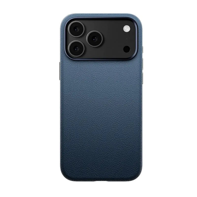 Black magnetic leather phone case for iPhone 17 Pro with electroplated finish