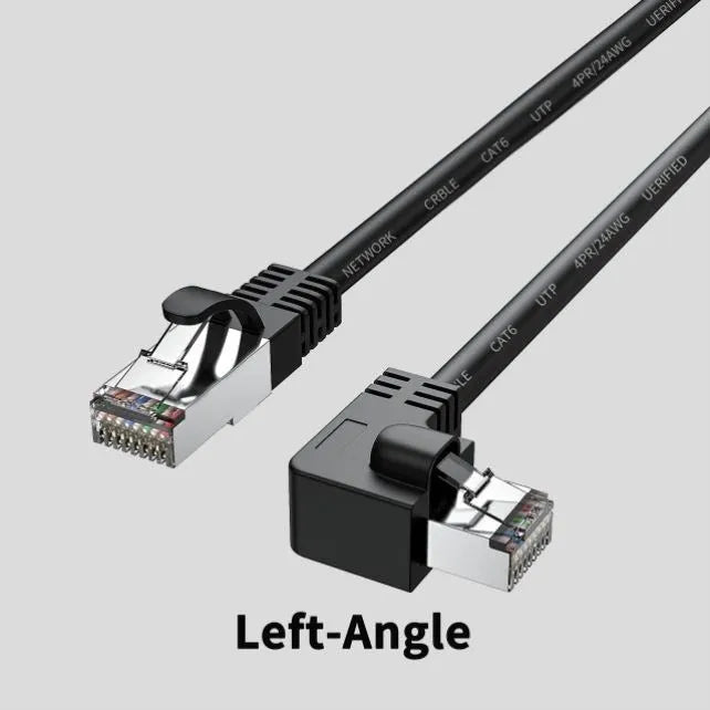 Coloured Cat6 Ethernet cable with a right-angled metal RJ45 connector plug in a choice of four orientations.