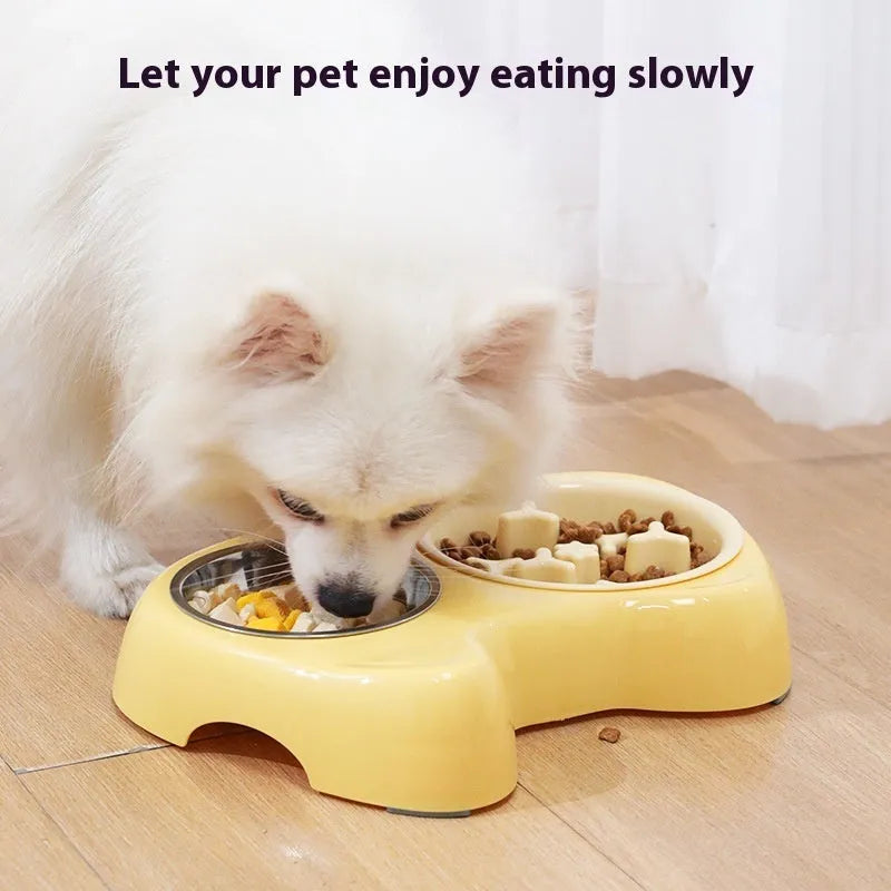 Cat bowl slow food two-in-one stainless steel and PP pet bowl with large and small sections in green grass colour
