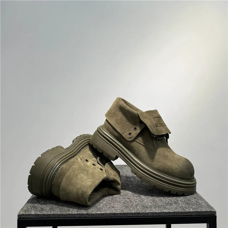 Men's distressed brown cow suede worker boots with thick soles and visible stitching.
