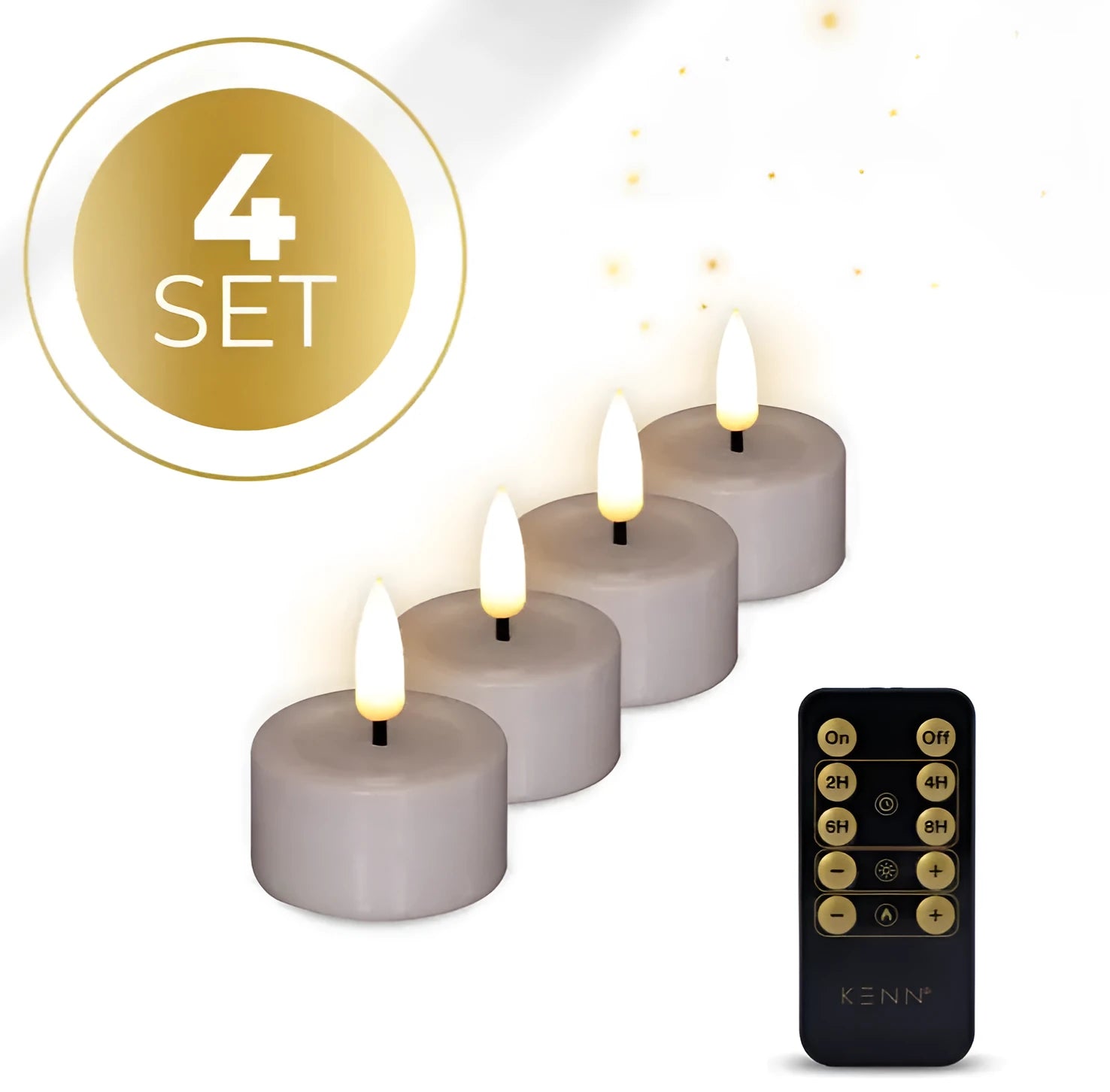 Set of four taupe-coloured LED tealight candles showing size and flameless design.
