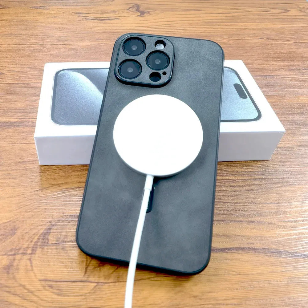 Magnetic imitation leather phone case with sheepskin pattern in black for iPhone