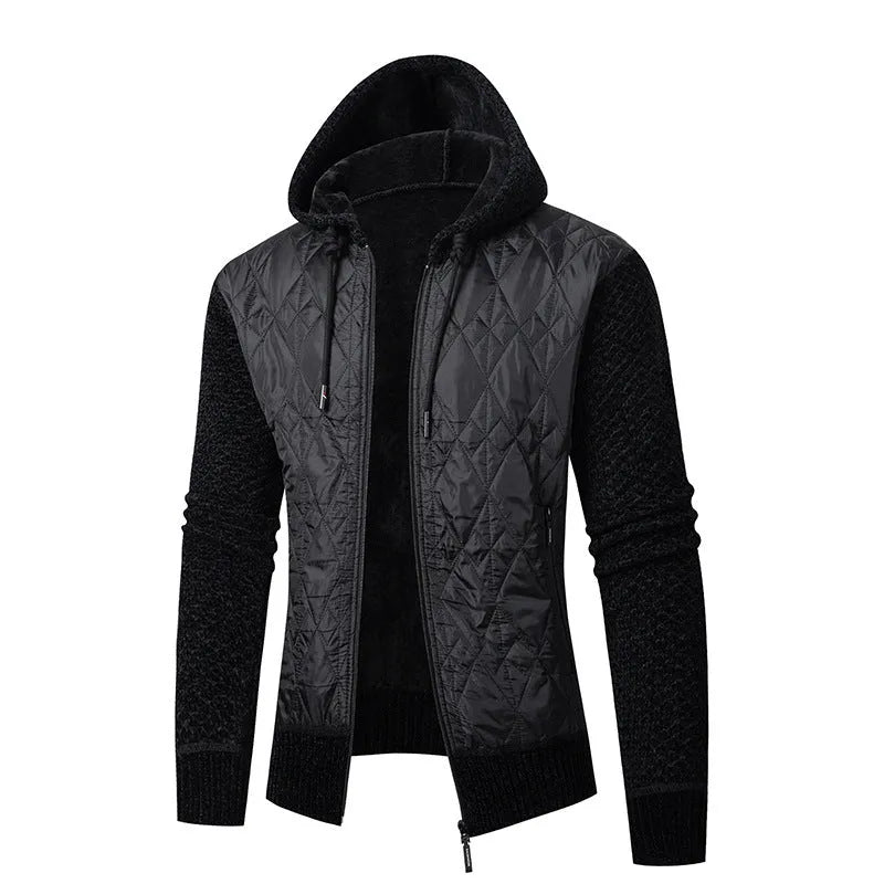 Men's grey hooded corduroy coat with a cinched waist, shown on a model.