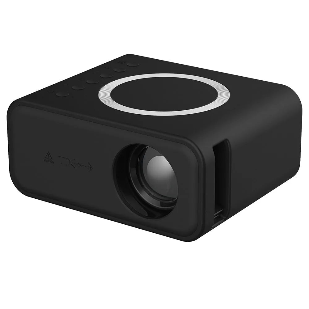 YT300 black or white portable mini projector with remote control on table projecting home theatre image