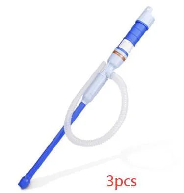 Blue and red manual hand siphon pump for transferring fuel, oil, and chemicals.