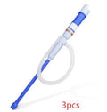 Blue and red manual hand siphon pump for transferring fuel, oil, and chemicals.
