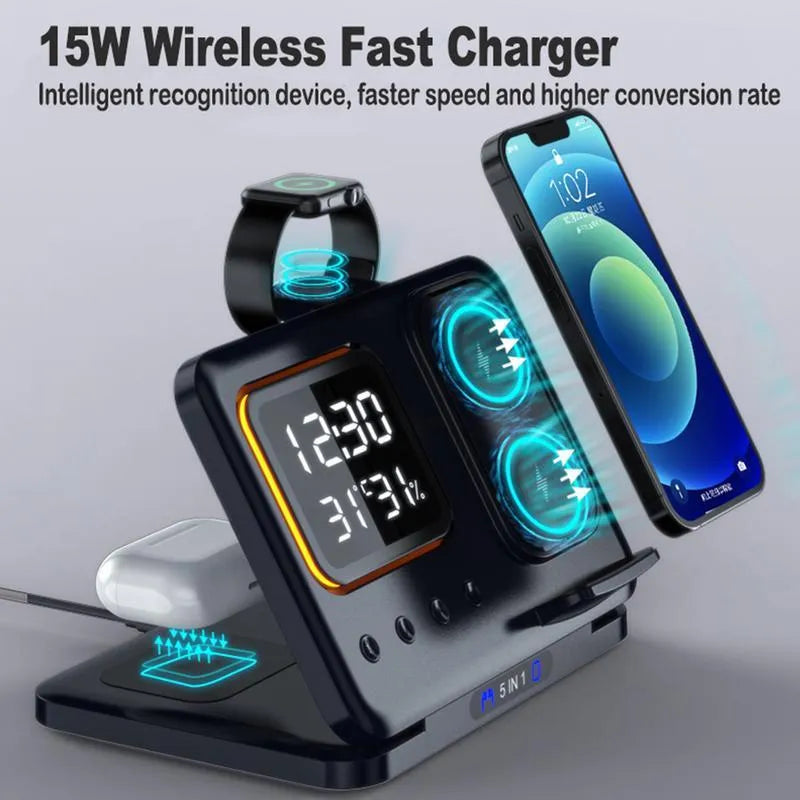 Black and white wireless charging dock station with digital clock display charging a phone, watch and headphones