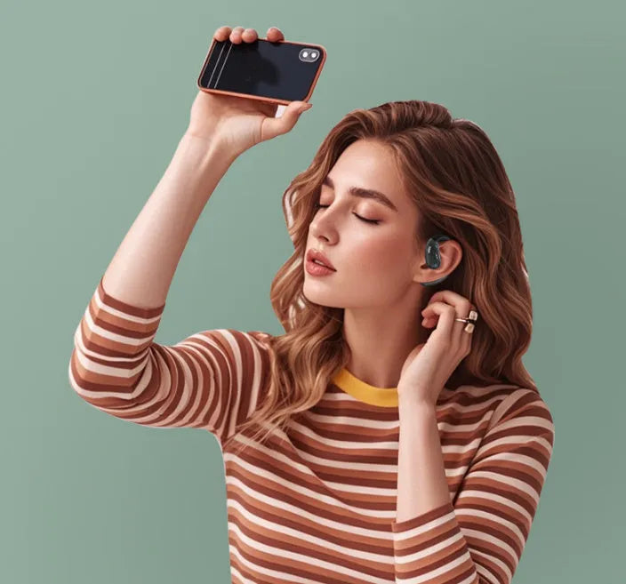 Bluetooth earphones A51 hanging design in black with charging case and Type-C cable