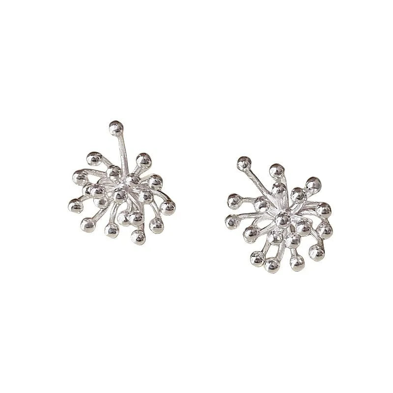 Women's silver needle stud earrings with electroplated dandelion fireworks geometric design on white background