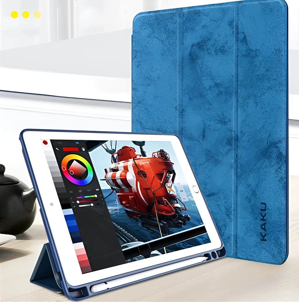 Leather tablet case with pen slot for iPad in black, clamshell design, imitation leather exterior