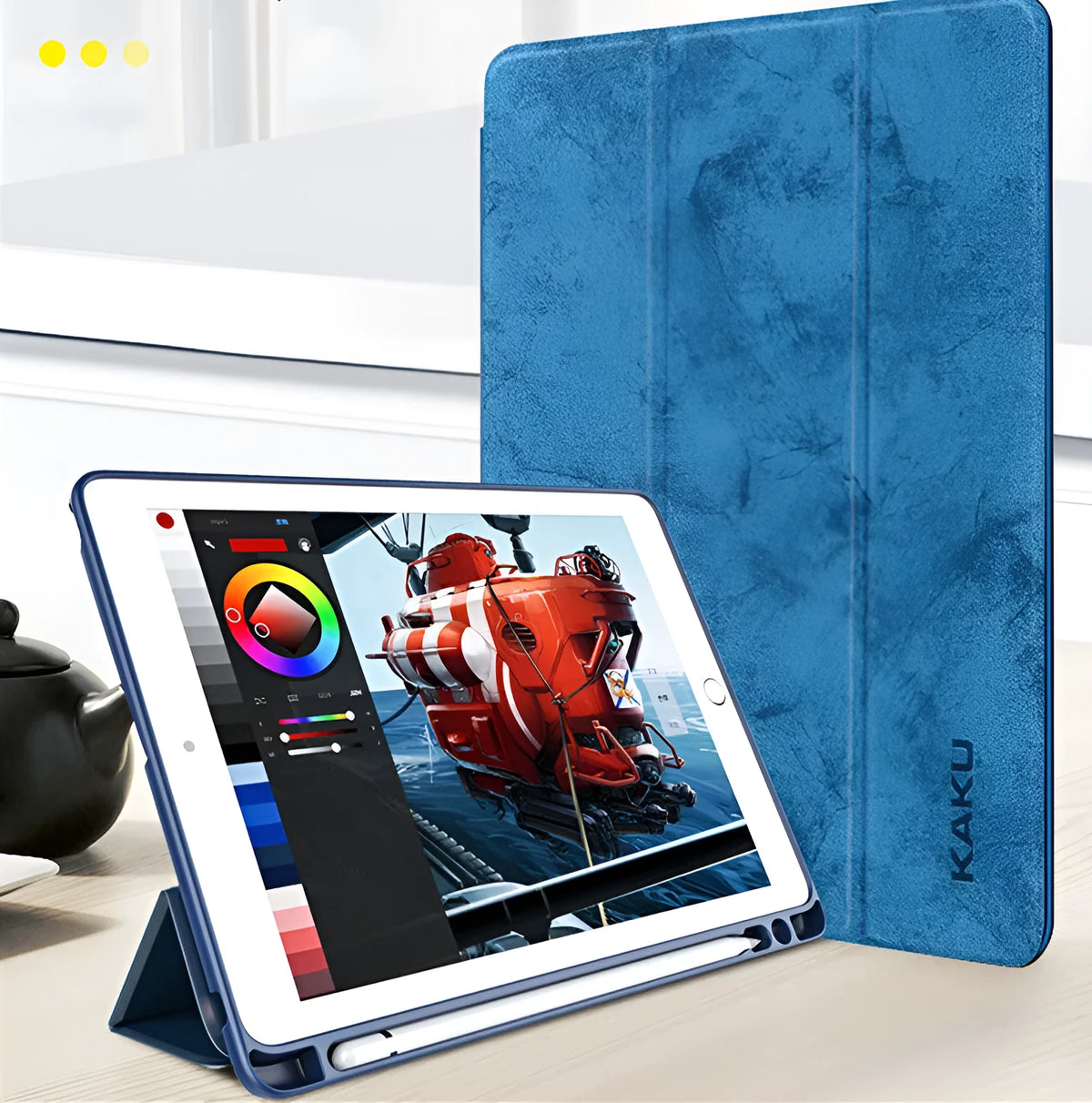 Leather tablet case with pen slot for iPad in black, clamshell design, imitation leather exterior