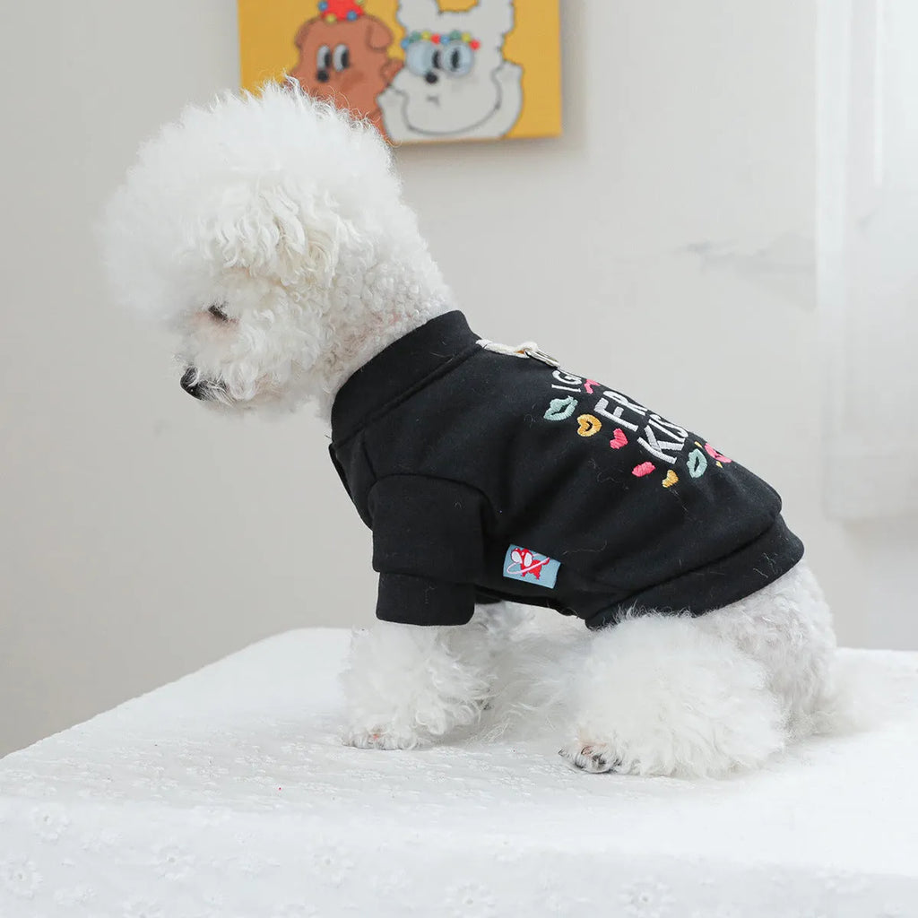 Casual grey kiss sweater design polyester dog jumper for winter on a mannequin.