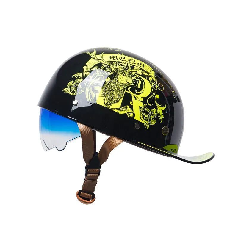 Men's bright black retro half helmet for electric bicycles with a gradient blue tinted lens.