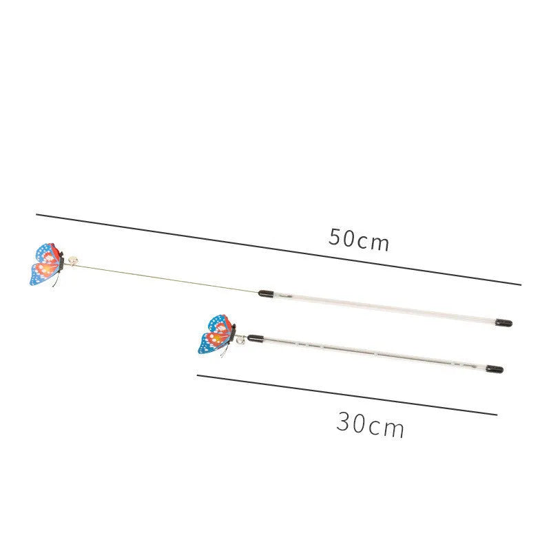 Retractable cat teasing stick with spring butterfly attachment in mixed hair colours, full length 30-50cm on a light background