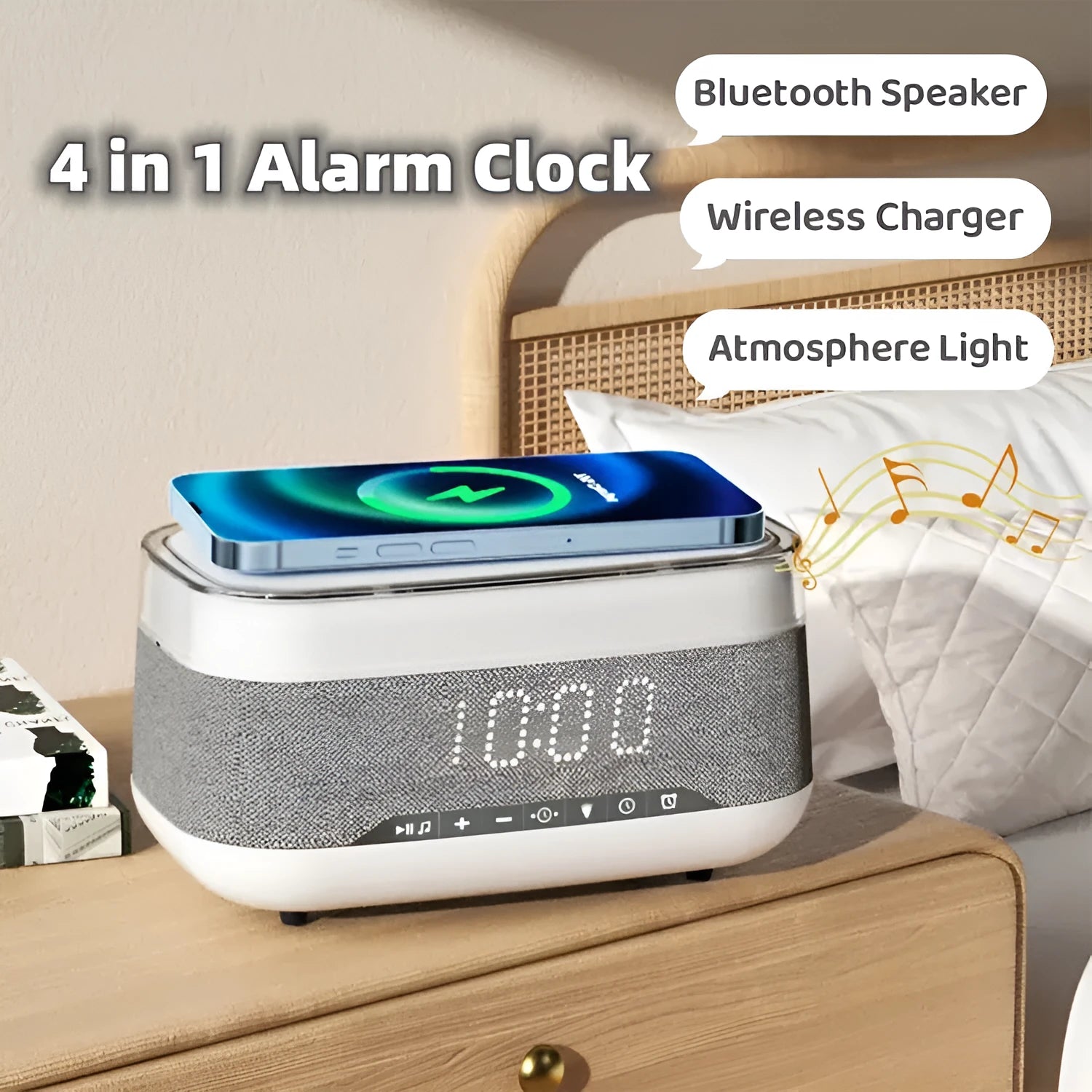 White multifunctional alarm clock with Bluetooth speaker and wireless charging pad showing night light illumination