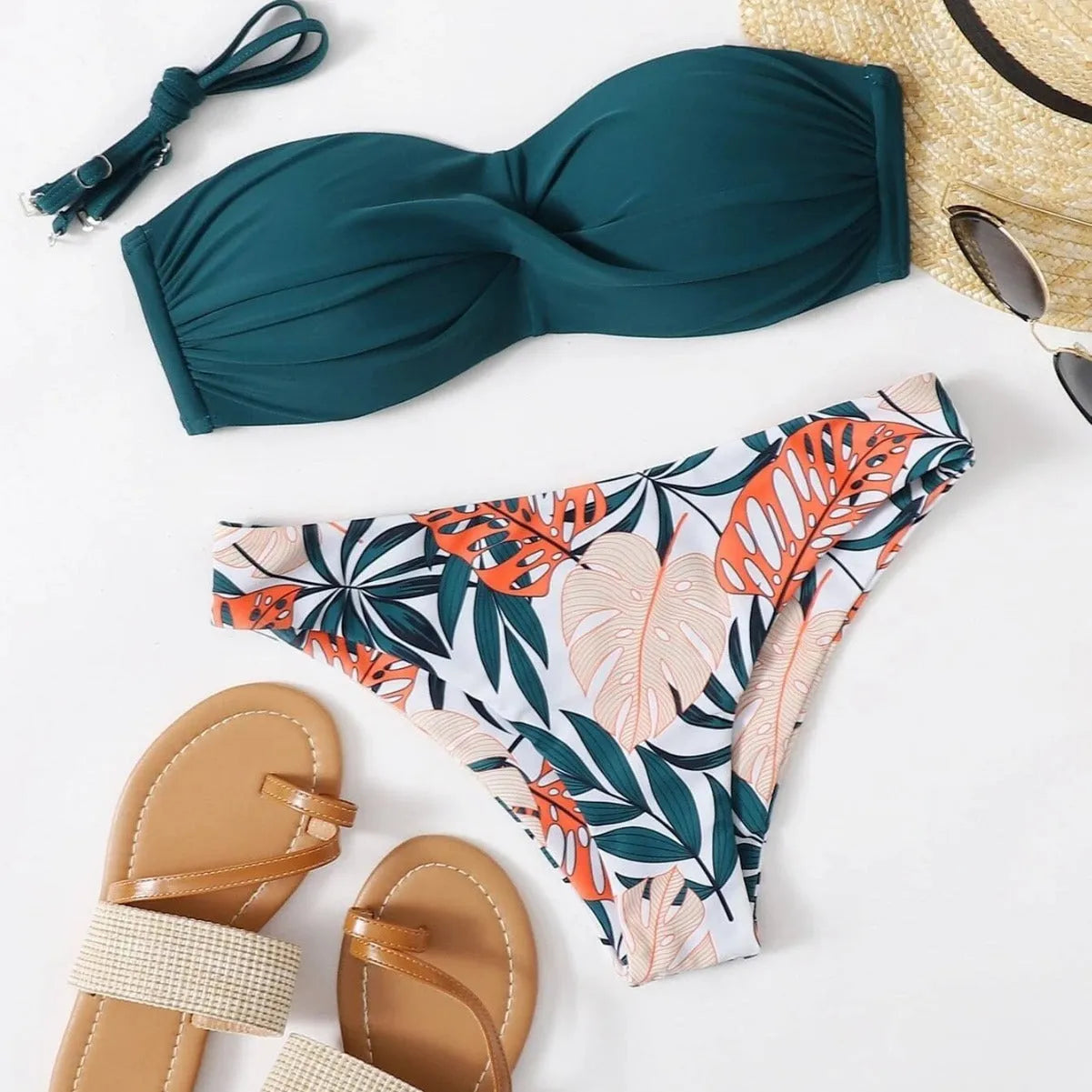 Green split push up bikini set with briefs bottom on a mannequin