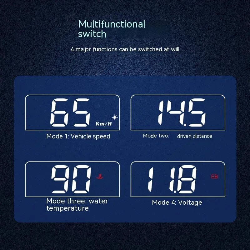 Black car head up display unit with OBD connector and 2.0 inch screen.