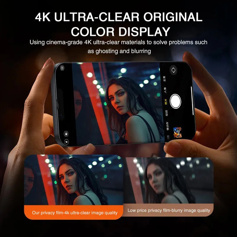 Anti-peeping tempered glass screen protector for iPhone shown against a phone.