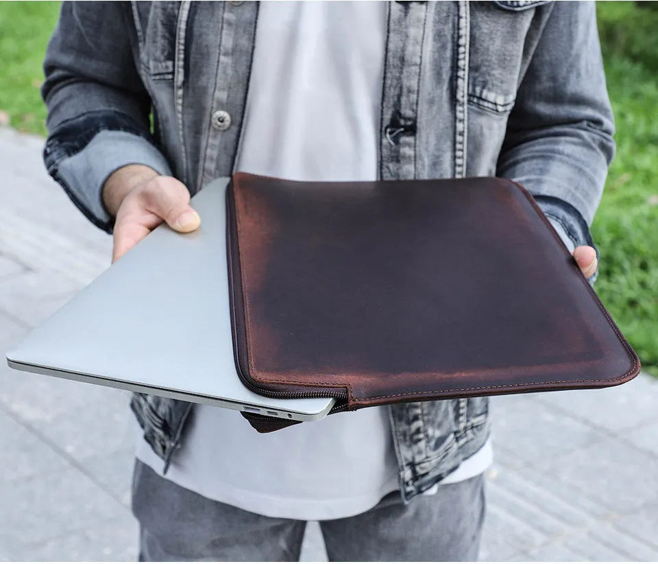 Retro brown crazy horse leather zipper computer bag for MacBook Pro 15.4 and 16 inch