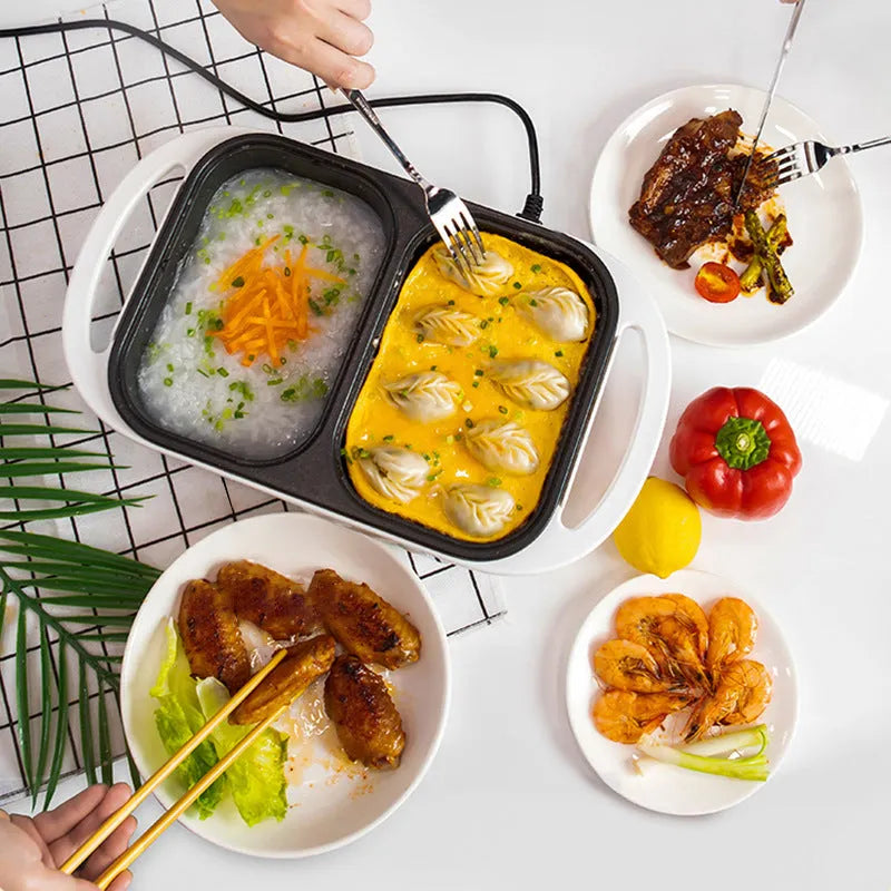 White electric casserole appliance with dual hot pot and frying oven functions on kitchen counter