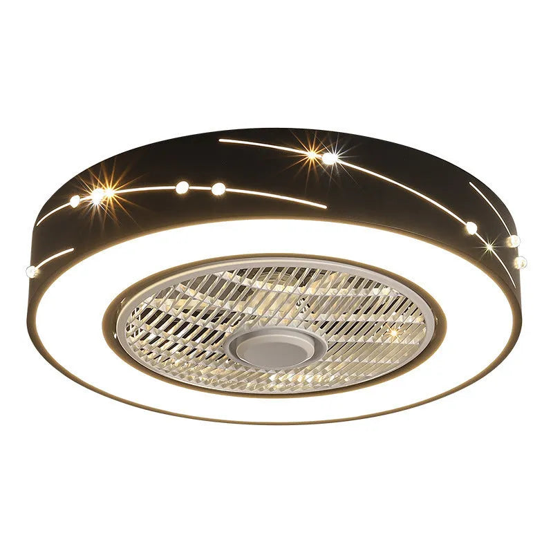 Round integrated LED ceiling fan lamp with remote control, 50cm, in white finish with acrylic shade and wrought iron body