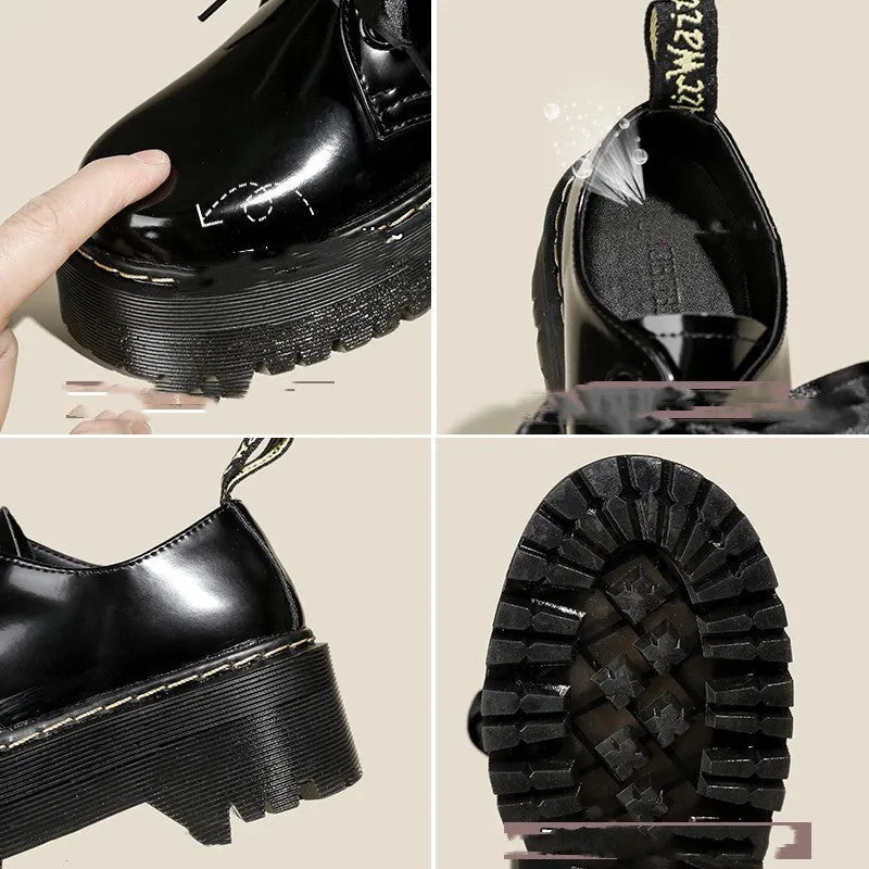 Women's black leather shoes with a thick sole, cross strap, and lace-up closure.