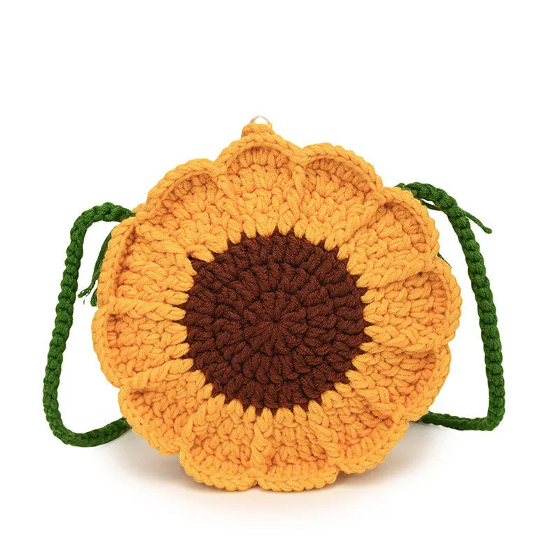 Hand-woven round bag with crocheted flowers, cotton lining, and internal phone pocket in four colour options