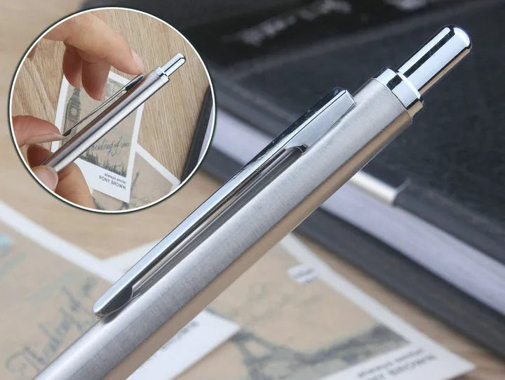 Metal automatic mechanical pencil showing six compatible lead sizes from 0.3mm to 2.0mm