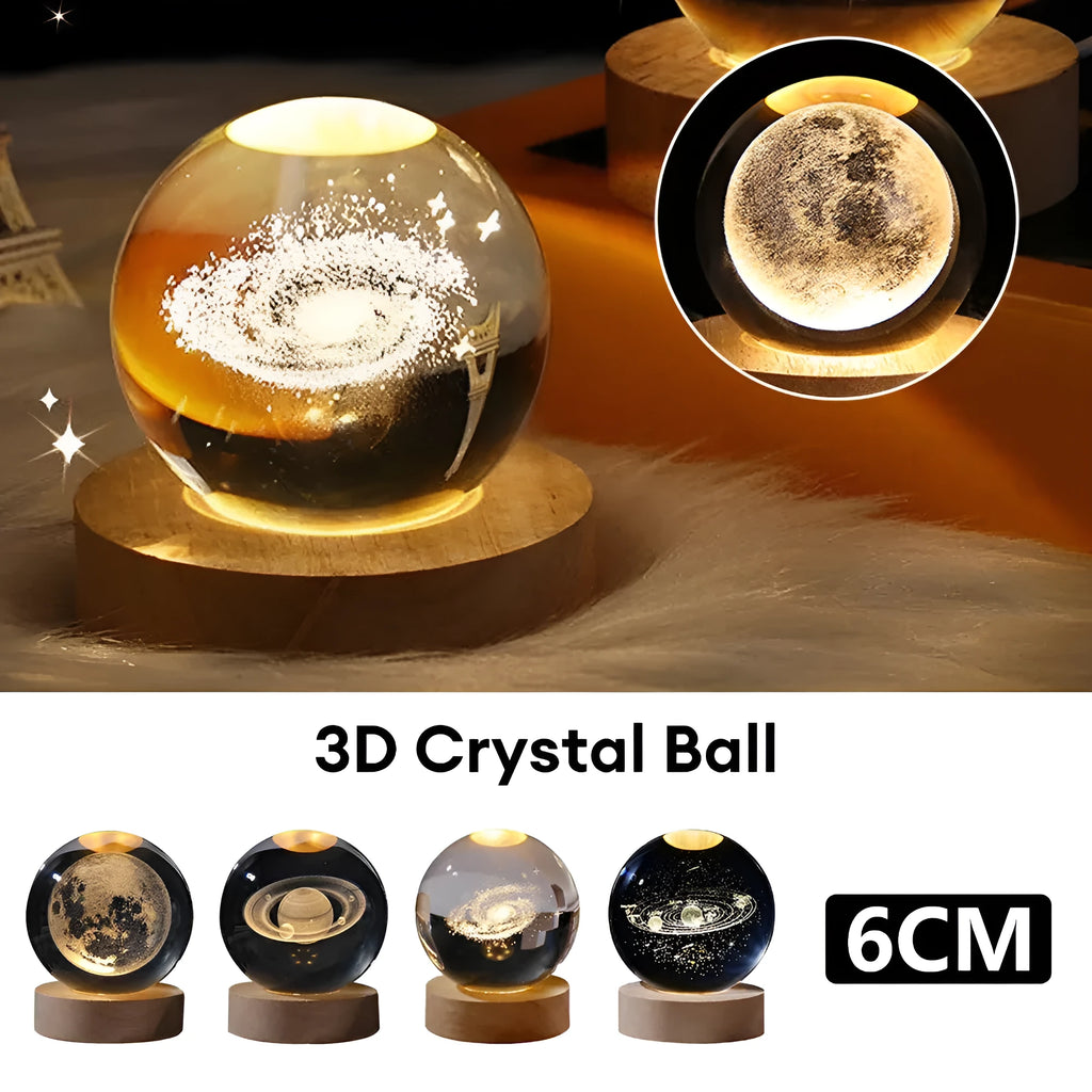 3D crystal ball night light with Milky Way planet design, 6cm glass ball, solid wood lamp holder, plug-in.