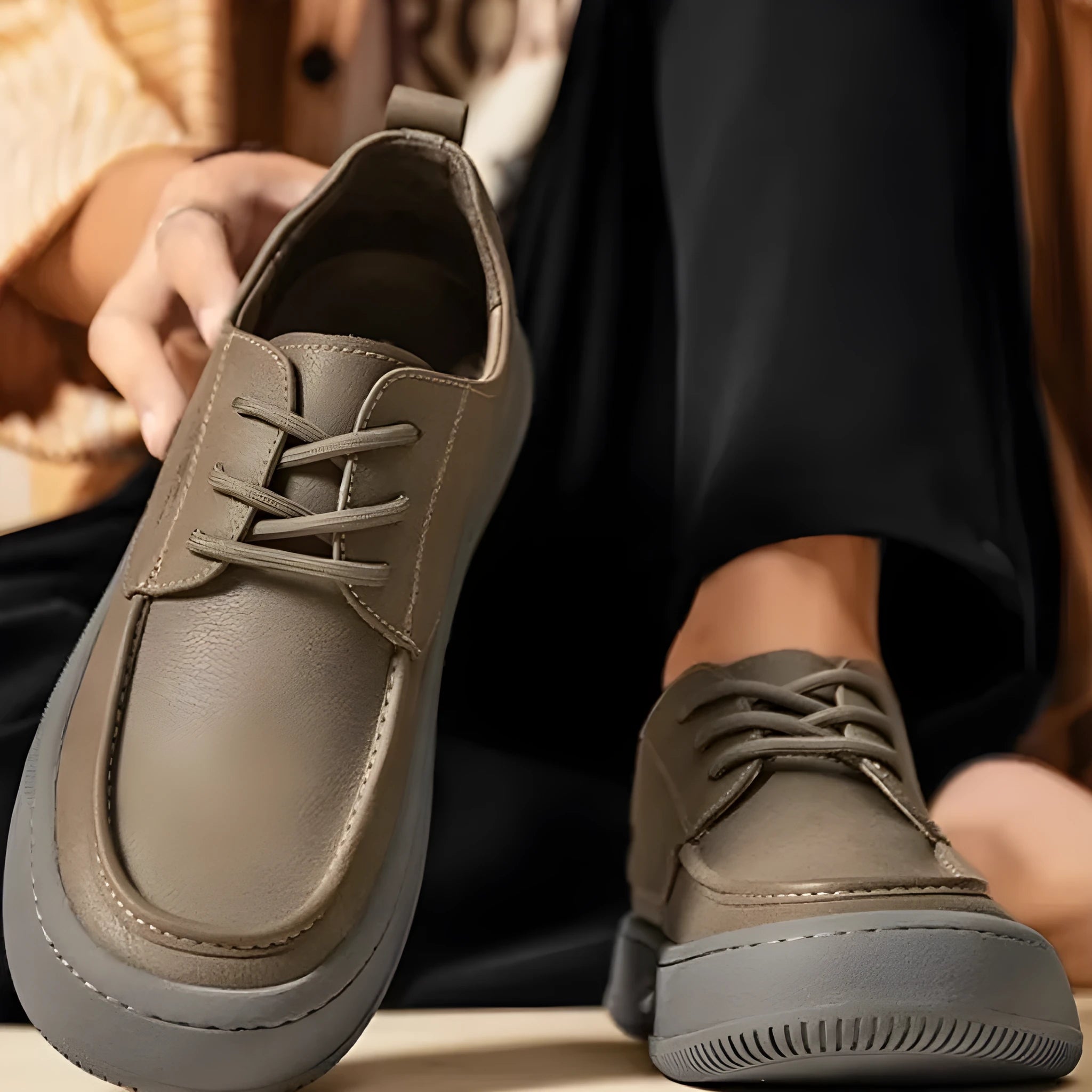 British retro brown casual leather shoes with big toe design and visible stitching