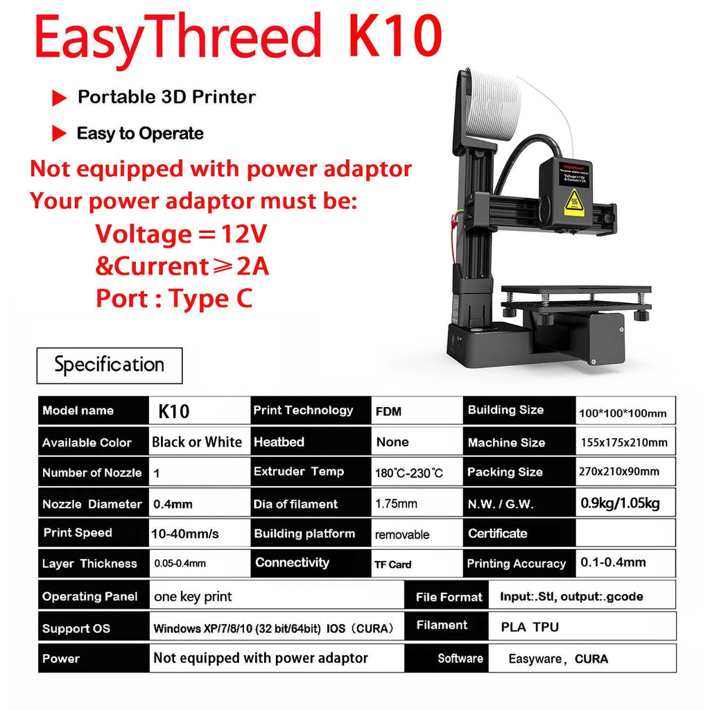 White EasyThreed K10 desktop 3D printer with 175mm build volume for TPU and PLA filament printing